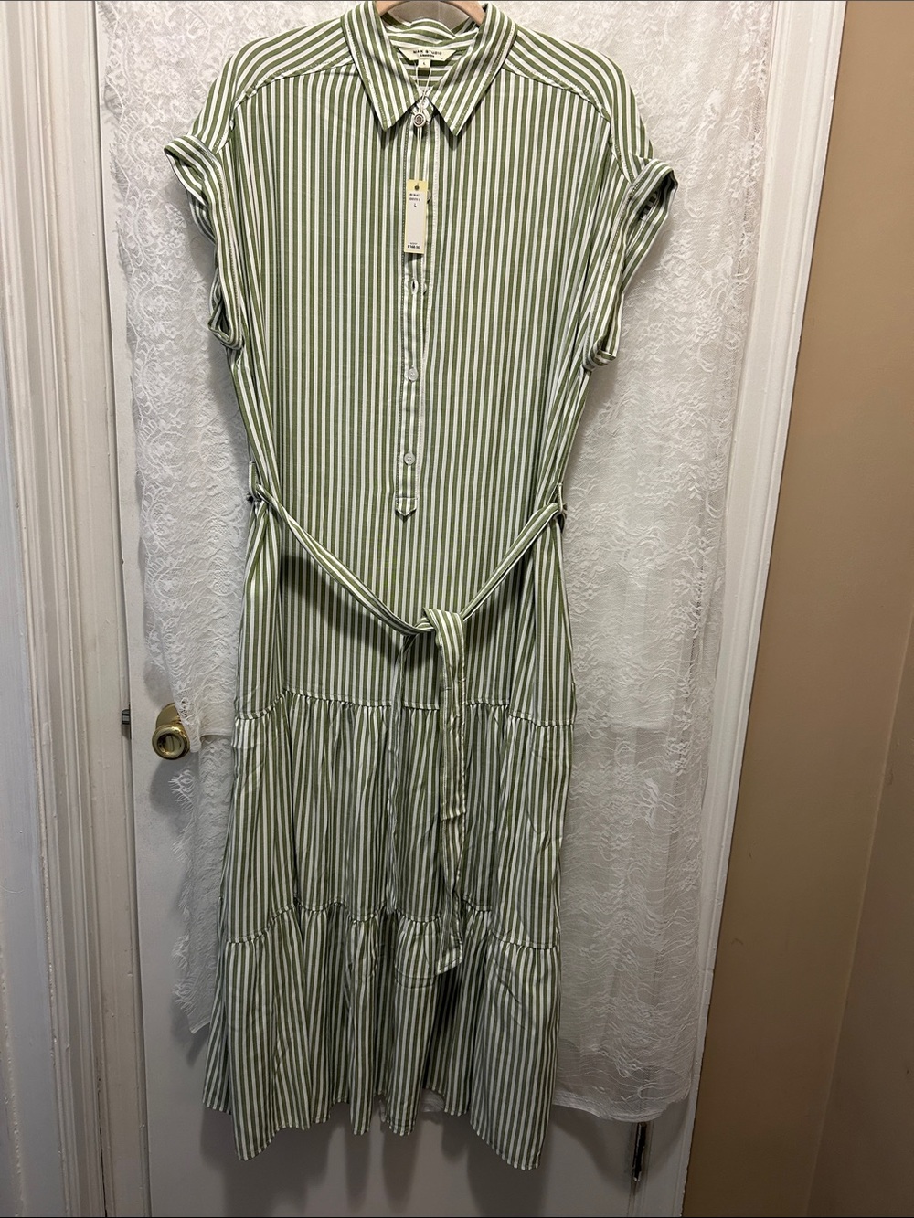 Max Studio Green and White Striped Maxi Shirt Dress